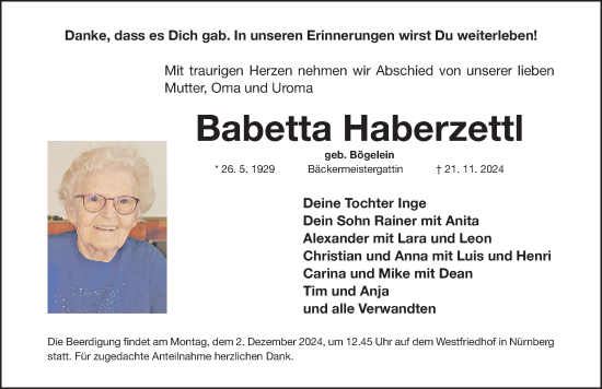 Traueranzeige von Babette Haberzettl von Gesamtausgabe Nürnberger Nachrichten/ Nürnberger Ztg.