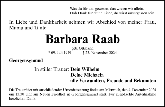 Traueranzeige von Barbara Raab von Roth-Hilpoltsteiner Volkszeitung Lokal