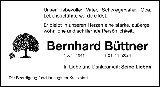 Traueranzeige von Bernhard Büttner von Gesamtausgabe Nürnberger Nachrichten/ Nürnberger Ztg.