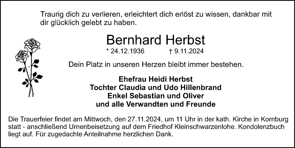  Traueranzeige für Bernhard Herbst vom 23.11.2024 aus Schwabacher Tagblatt Lokal