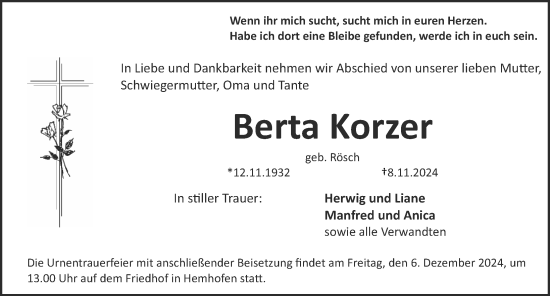 Traueranzeige von Berta Korzer von Erlanger Nachrichten Lokal