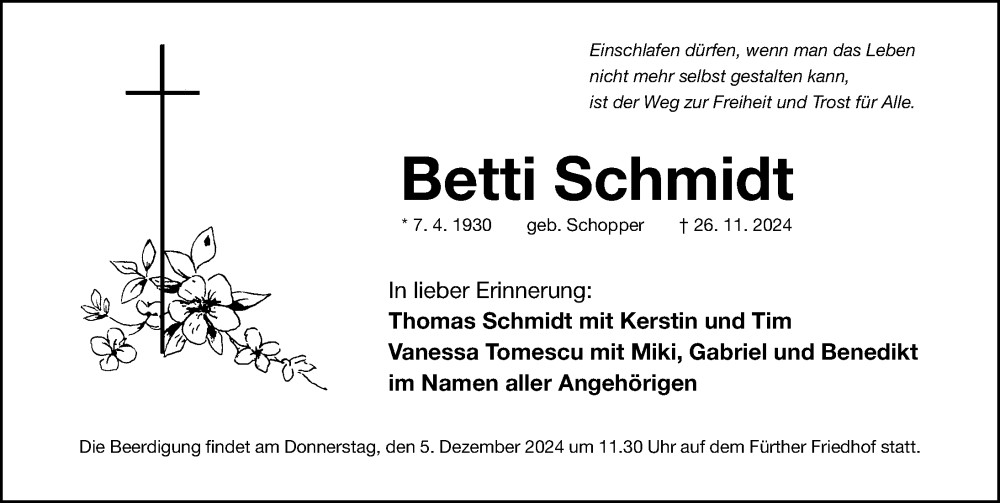  Traueranzeige für Betti Schmidt vom 30.11.2024 aus Fürther Nachrichten Lokal