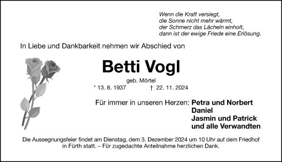 Traueranzeige von Betti Vogl von Fürther Nachrichten Lokal
