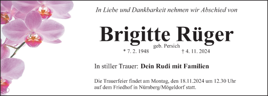 Traueranzeige von Brigitte Rüger von Gesamtausgabe Nürnberger Nachrichten/ Nürnberger Ztg.