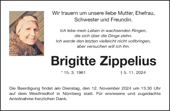 Traueranzeige von Brigitte Zippelius von Gesamtausgabe Nürnberger Nachrichten/ Nürnberger Ztg.