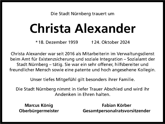 Traueranzeige von Christa Alexander von Gesamtausgabe Nürnberger Nachrichten/ Nürnberger Ztg.