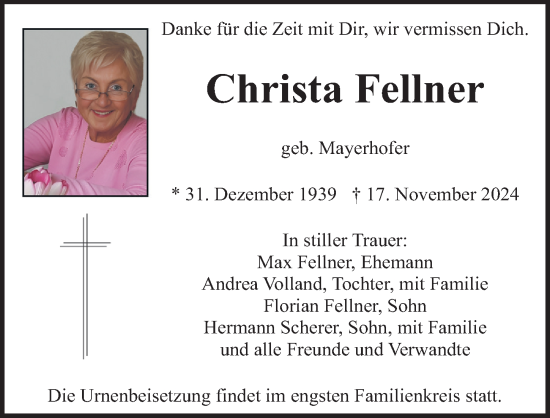 Traueranzeige von Christa Fellner von Neumarkter Nachrichten Lokal