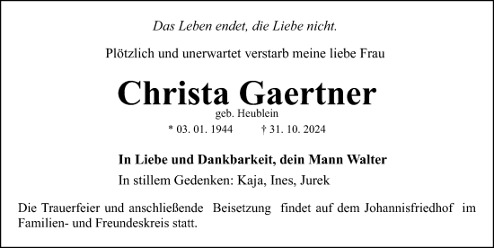 Traueranzeige von Christa Gaertner von Gesamtausgabe Nürnberger Nachrichten/ Nürnberger Ztg.