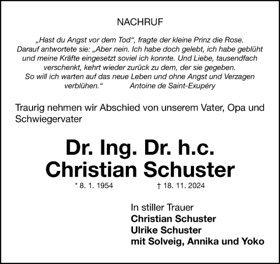 Traueranzeige von Christian Schuster von Roth-Hilpoltsteiner Volkszeitung/ Schwabach