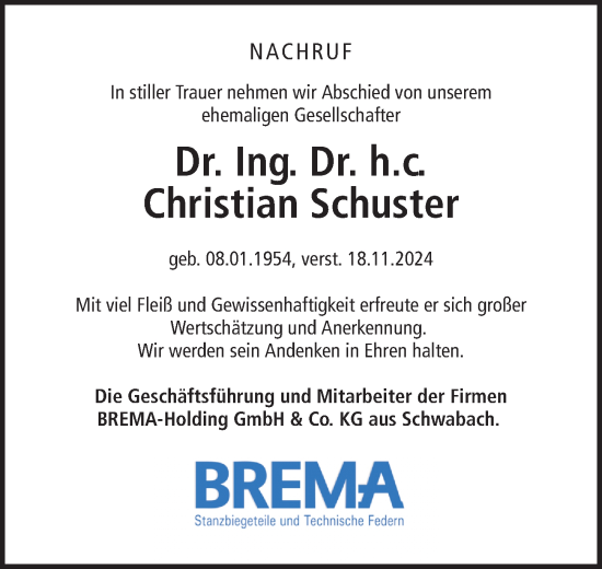 Traueranzeige von Christian Schuster von HST,HRHV