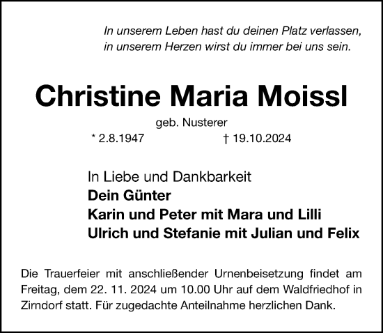 Traueranzeige von Christine Maria Moissl von Fürther Nachrichten Lokal