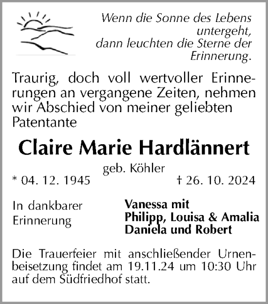 Traueranzeige von Claire Marie Hardlännert von Gesamtausgabe Nürnberger Nachrichten/ Nürnberger Ztg.