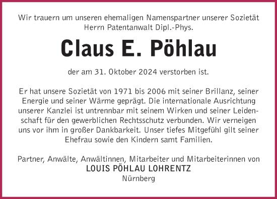 Traueranzeige von Claus Pöhlau von Gesamtausgabe Nürnberger Nachrichten/ Nürnberger Ztg.