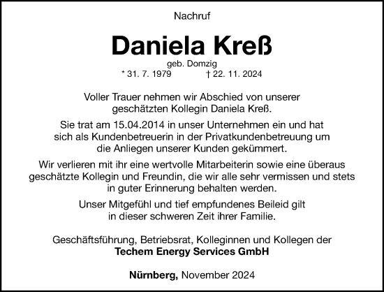 Traueranzeige von Daniela Kreß von Gesamtausgabe Nürnberger Nachrichten/ Nürnberger Ztg.