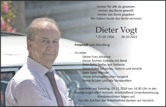 Traueranzeige von Dieter Vogt von Roth-Hilpoltsteiner Volkszeitung Lokal