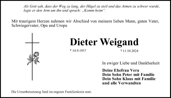 Traueranzeige von Dieter Weigand von Erlanger Nachrichten Lokal