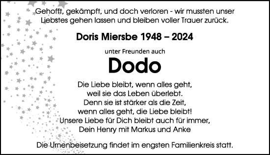 Traueranzeige von Doris Miersbe von Nordbayerische Nachrichten Pegnitz Lokal