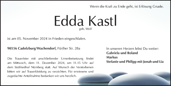 Traueranzeige von Edda Kastl von Fürther Nachrichten Lokal