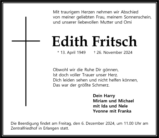 Traueranzeige von Edith Fritsch von Erlanger Nachrichten Lokal