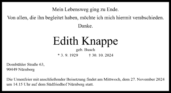 Traueranzeige von Edith Knappe von Gesamtausgabe Nürnberger Nachrichten/ Nürnberger Ztg.