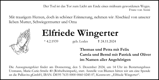 Traueranzeige von Elfriede Wingerter von Erlanger Nachrichten Lokal