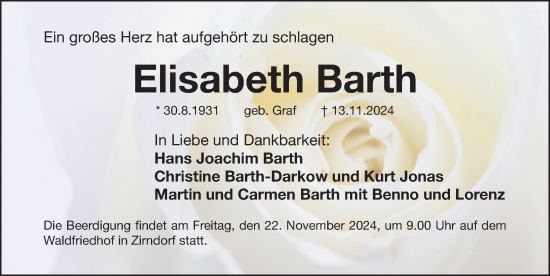 Traueranzeige von Elisabeth Barth von Gesamtausgabe Nürnberger Nachrichten/ Nürnberger Ztg.