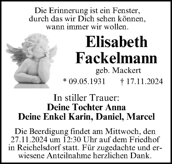 Traueranzeige von Elisabeth Fackelmann von Gesamtausgabe Nürnberger Nachrichten/ Nürnberger Ztg.