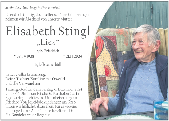 Traueranzeige von Elisabeth Stingl von Nordbayerische Nachrichten Forchheim Lokal