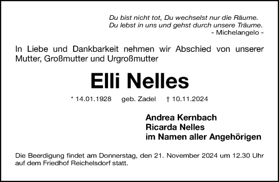 Traueranzeige von Elli Nelles von Gesamtausgabe Nürnberger Nachrichten/ Nürnberger Ztg.