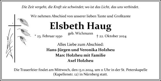 Traueranzeige von Elsbeth Haug von Gesamtausgabe Nürnberger Nachrichten/ Nürnberger Ztg.