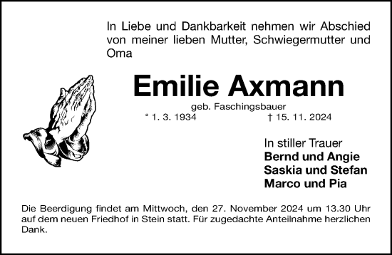 Traueranzeige von Emilie Axmann von Gesamtausgabe Nürnberger Nachrichten/ Nürnberger Ztg.