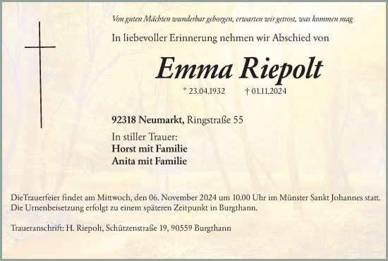 Traueranzeige von Emma Riepolt von Neumarkter Nachrichten Lokal