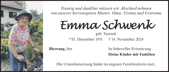 Traueranzeige von Emma Schwenk von Weißenburger Tagblatt u.Treuchtlinger Kurier Lokal