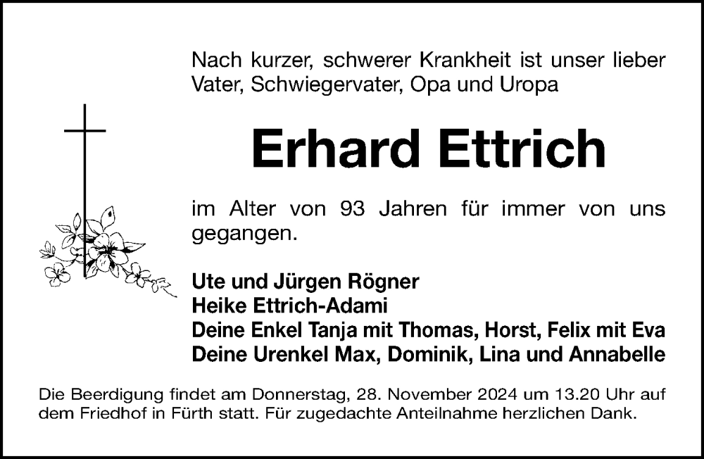  Traueranzeige für Erhard Ettrich vom 27.11.2024 aus Fürther Nachrichten Lokal