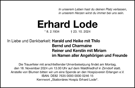Traueranzeige von Erhard Lode von Fürther Nachrichten Lokal