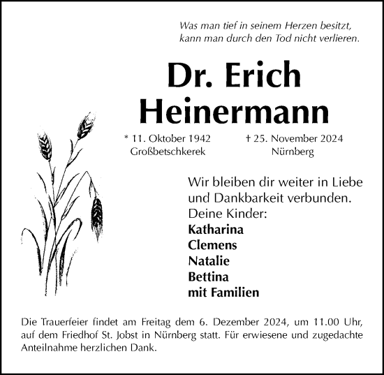 Traueranzeige von Erich Heinermann von Gesamtausgabe Nürnberger Nachrichten/ Nürnberger Ztg.