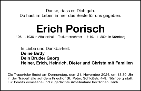 Traueranzeige von Erich Porisch von Gesamtausgabe Nürnberger Nachrichten/ Nürnberger Ztg.