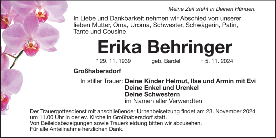 Traueranzeige von Erika Behringer von Fürther Nachrichten Lokal