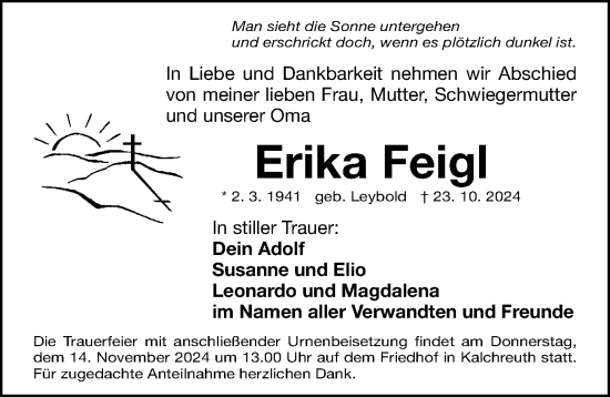 Traueranzeige von Erika Feigl von Gesamtausgabe Nürnberger Nachrichten/ Nürnberger Ztg.