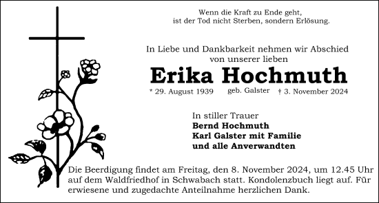 Traueranzeige von Erika Hochmuth von Schwabacher Tagblatt Lokal