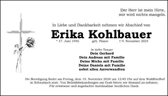 Traueranzeige von Erika Kohlbauer von Schwabacher Tagblatt Lokal