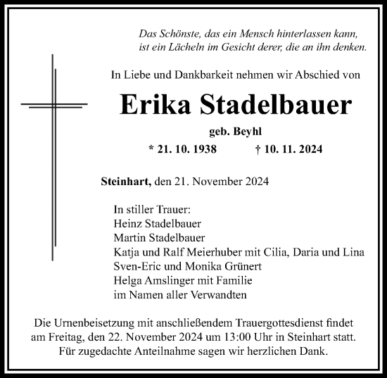 Traueranzeige von Erika Stadelbauer von Altmühl-Bote Lokal