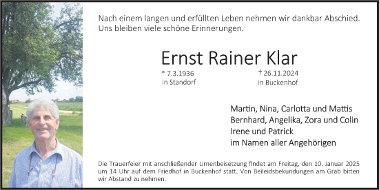 Traueranzeige von Ernst Rainer Klar von Erlanger Nachrichten Lokal
