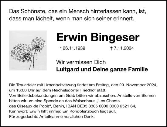 Traueranzeige von Erwin Bingeser von Gesamtausgabe Nürnberger Nachrichten/ Nürnberger Ztg.