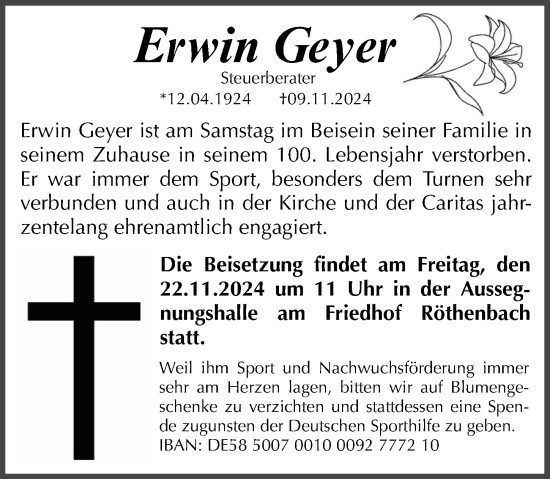 Traueranzeige von Erwin Geyer von Gesamtausgabe Nürnberger Nachrichten/ Nürnberger Ztg.