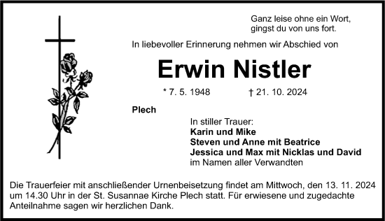 Traueranzeige von Erwin Nistler von Nordbayerische Nachrichten Pegnitz Lokal