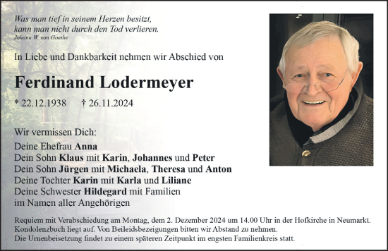 Traueranzeige von Ferdinand Lodermeyer von Neumarkter Nachrichten Lokal