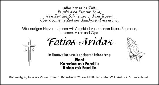 Traueranzeige von Fotios Aridas von Schwabacher Tagblatt Lokal
