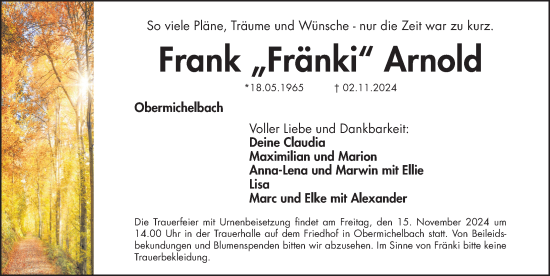 Traueranzeige von Frank Arnold von Fürther Nachrichten Lokal