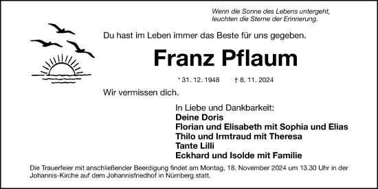 Traueranzeige von Franz Pflaum von Gesamtausgabe Nürnberger Nachrichten/ Nürnberger Ztg.